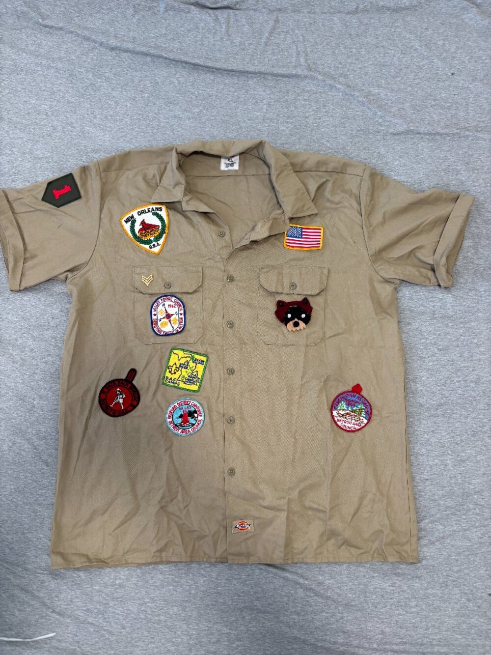 Custom Vintage Patch Work Shirt Dickies Mens XL Khaki 1960s Boy Scout Army Stain